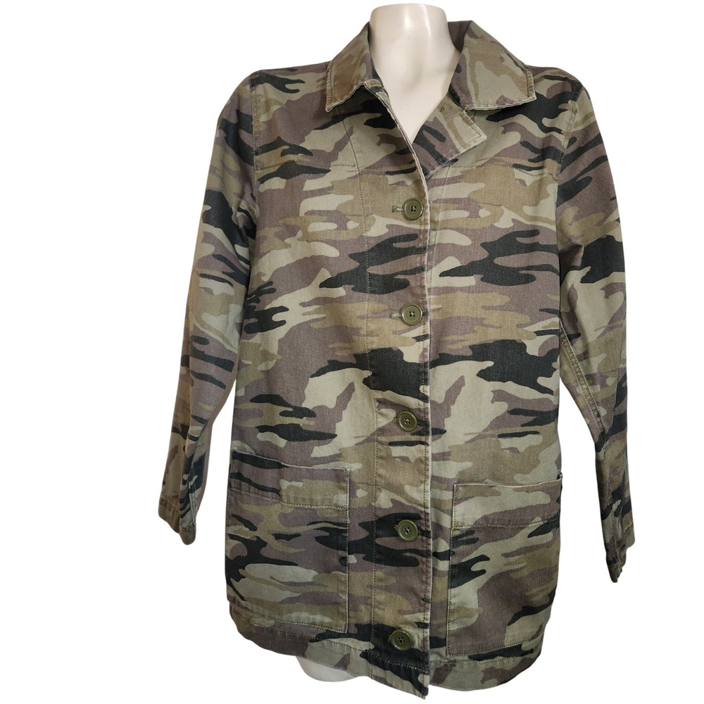 Express Womens Camo Utility Jacket XS Green Camouflage Graphic Back Button Front